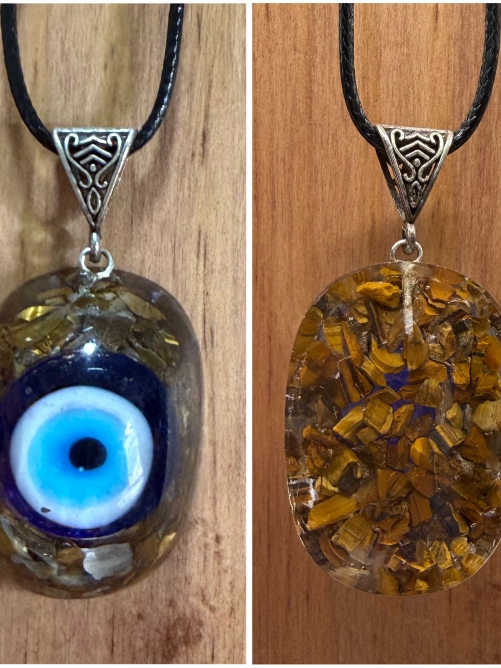 Evil Eye Resin Pendant Necklace with Tiger Eye Inlay - Black Cord
